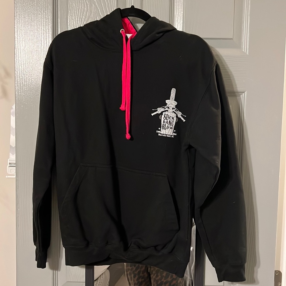 Women’s motorcycle sweatshirt, size small, black, and pink